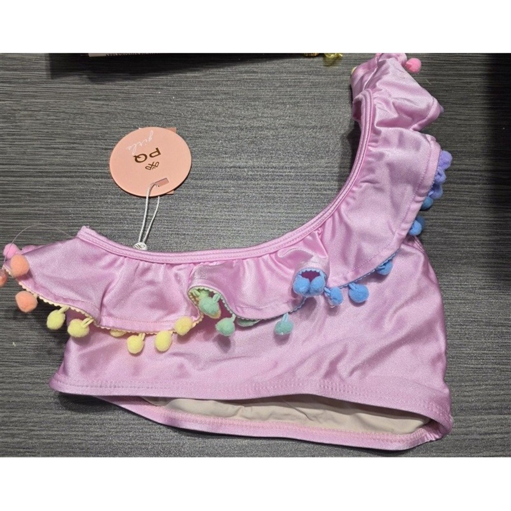 NWT Pilyq 12 Girls Swim Cabana Pink 1 Shoulder Pom Pom Bikini Top 132120